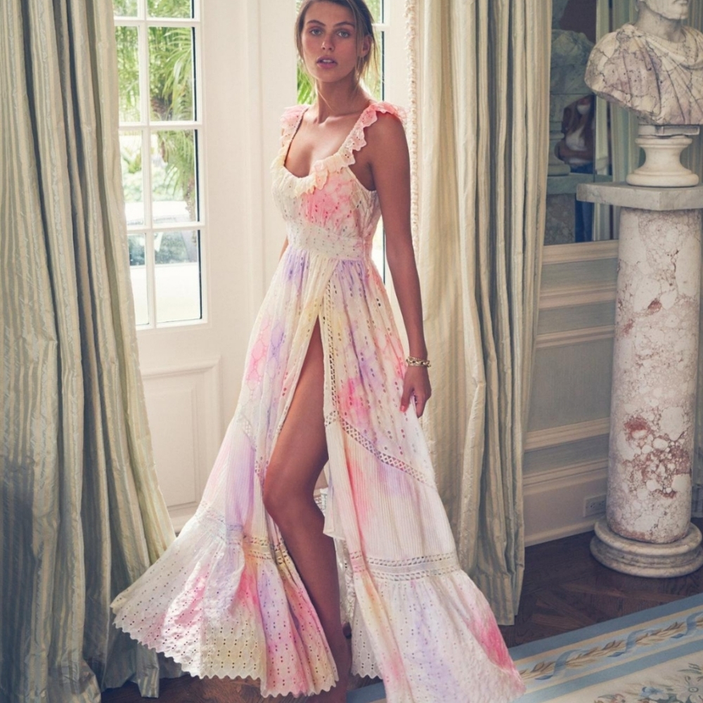 LoveShackFancy Pastel Watercolor Maxi Dress in Pink, Purple, Cream